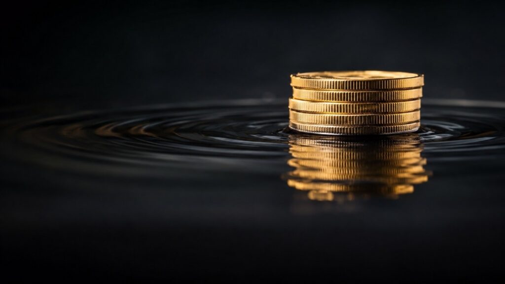 Stack of gold coins standing still on a dark reflective surface as ripples spread outward, illustrating how Fed rate hike gold pressure creates short-term waves without moving the structural floor.