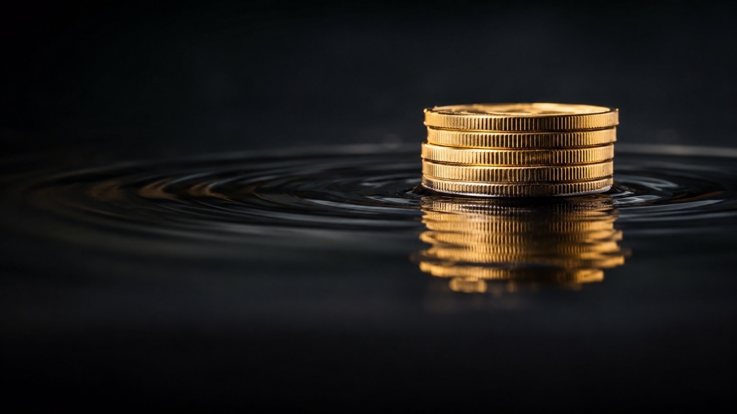 Stack of gold coins standing still on a dark reflective surface as ripples spread outward, illustrating how Fed rate hike gold pressure creates short-term waves without moving the structural floor.