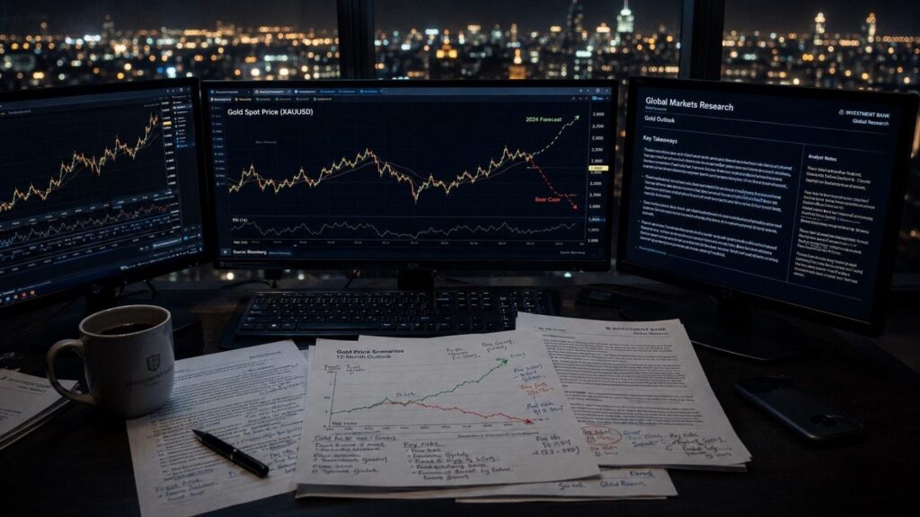 A financial analyst's dimly lit desk at night with multiple monitors showing diverging gold price charts, printed research reports with handwritten notes, and a blurred city skyline in the background — illustrating the Goldman Sachs and JPMorgan gold forecast divergence.