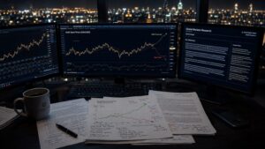 A financial analyst's dimly lit desk at night with multiple monitors showing diverging gold price charts, printed research reports with handwritten notes, and a blurred city skyline in the background — illustrating the Goldman Sachs and JPMorgan gold forecast divergence.