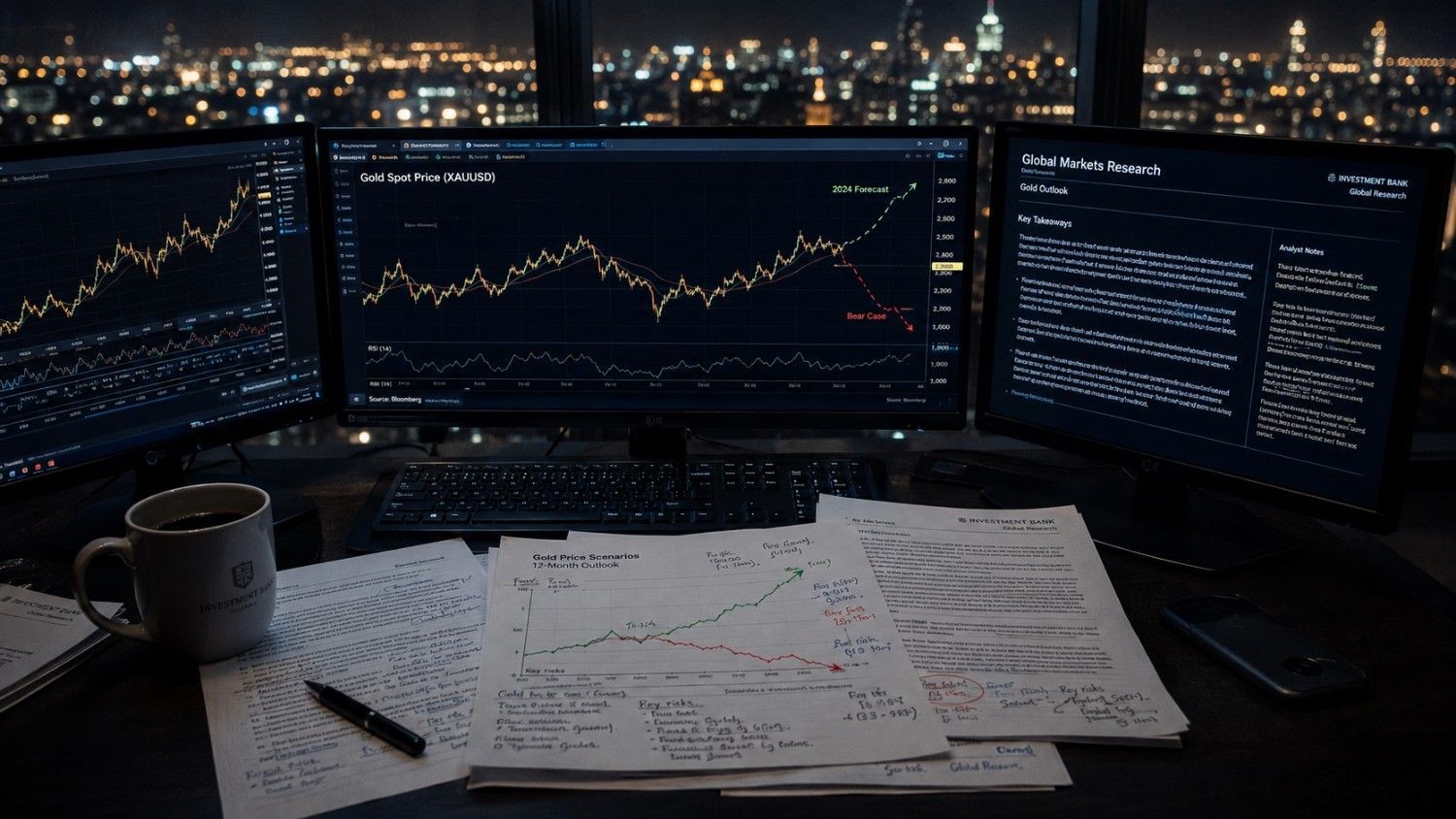 A financial analyst's dimly lit desk at night with multiple monitors showing diverging gold price charts, printed research reports with handwritten notes, and a blurred city skyline in the background — illustrating the Goldman Sachs and JPMorgan gold forecast divergence.