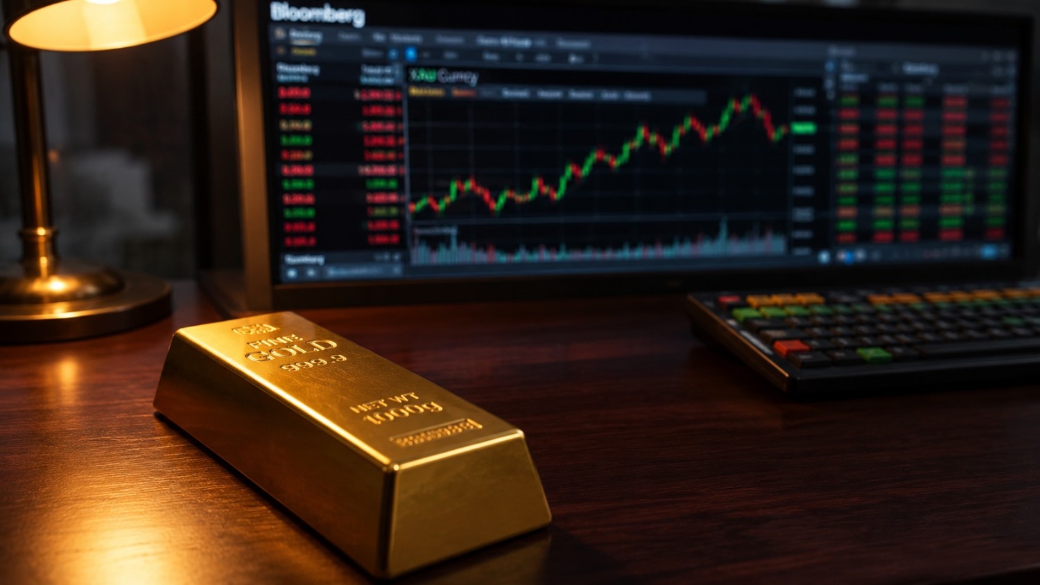 A polished gold bar marked 999.9 fine gold rests on a dark mahogany desk, with a Bloomberg terminal displaying a candlestick price chart and red and green market data in the background — illustrating the Goldman Sachs gold target debate among Wall Street's major banks.