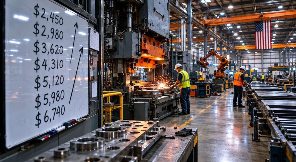 American manufacturing floor with workers operating heavy press machinery and a whiteboard showing rising input costs, illustrating ISM prices paid gold market implications