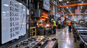 American manufacturing floor with workers operating heavy press machinery and a whiteboard showing rising input costs, illustrating ISM prices paid gold market implications