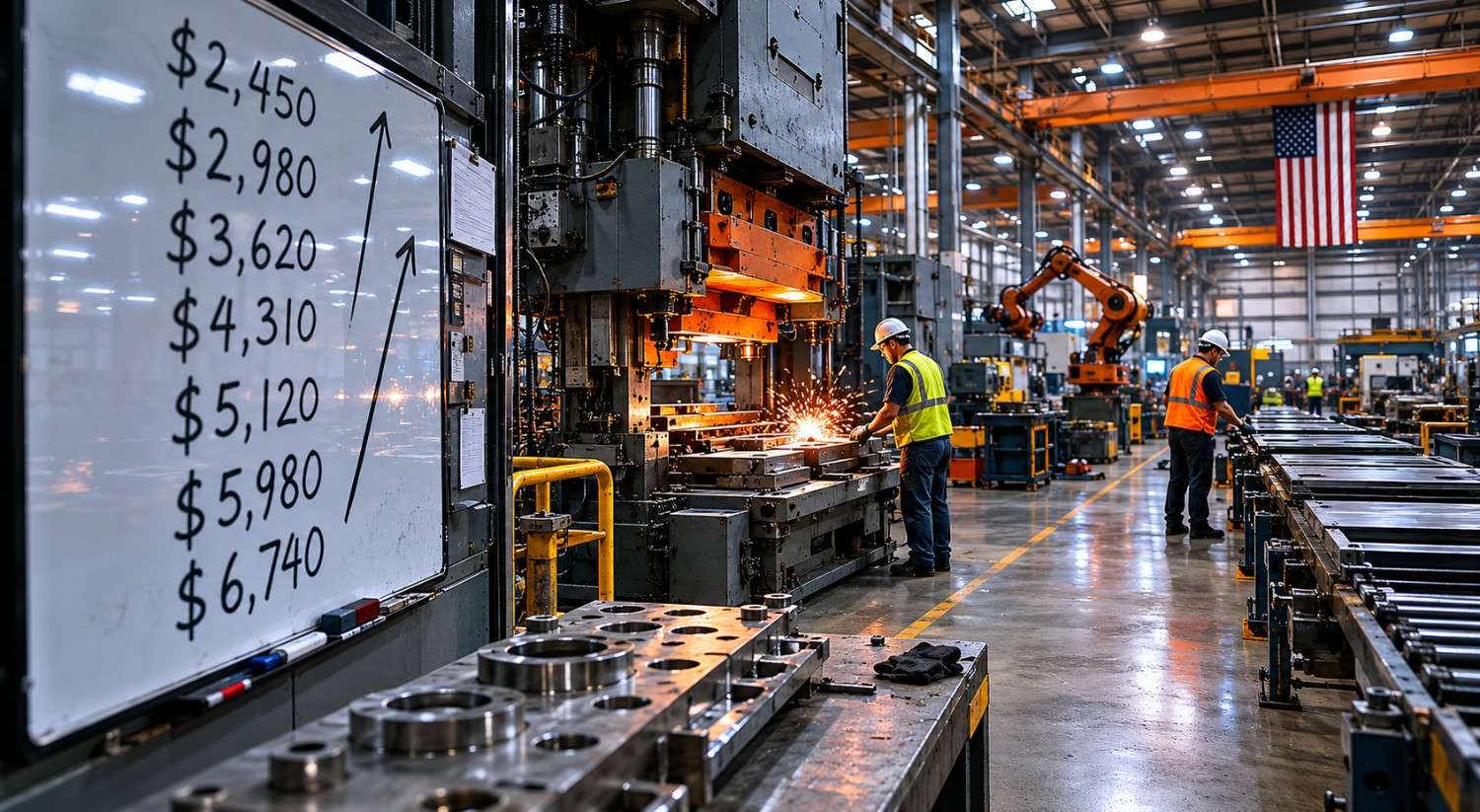 American manufacturing floor with workers operating heavy press machinery and a whiteboard showing rising input costs, illustrating ISM prices paid gold market implications