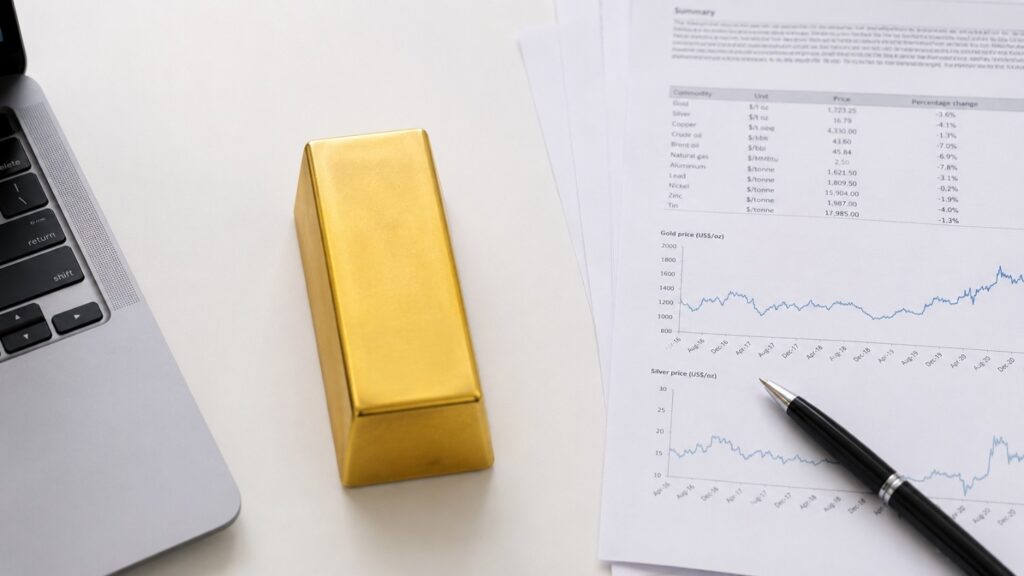 Gold bar beside commodity research report showing gold and silver price charts — Morgan Stanley gold price 2026 outlook analysis