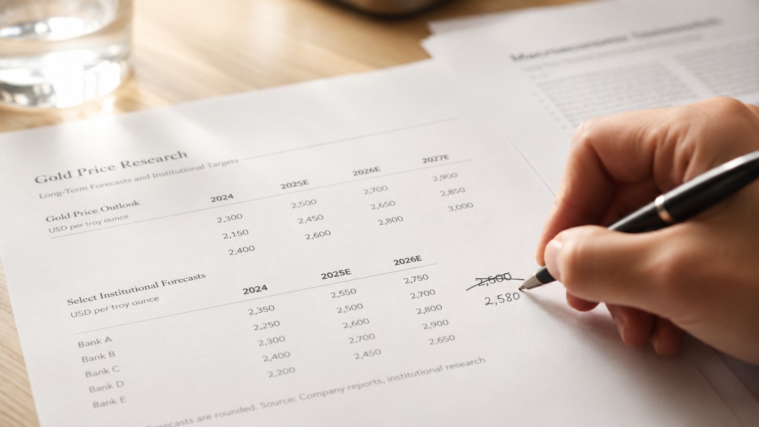 Analyst crossing out a gold price forecast figure on a printed institutional research document showing long-term gold price outlooks and bank targets — illustrating the OCBC gold forecast 2026 revision