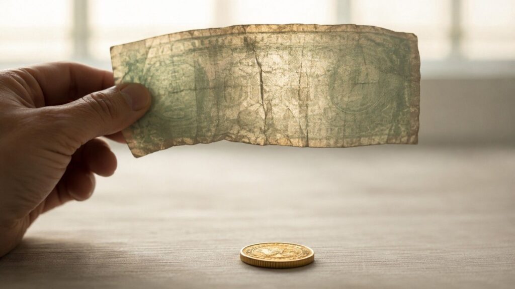 A hand holding a worn, translucent paper banknote up to the light beside a solid gold coin, illustrating what fiat currency is against sound money.