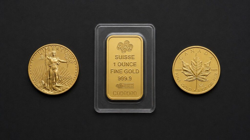 The best gold to buy: a 2023 American Gold Eagle, a PAMP Suisse 1-ounce fine gold bar in assay packaging, and a Canadian Gold Maple Leaf arranged on a matte black surface.