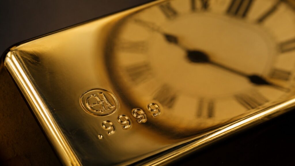 A .9999 fine gold bar reflecting a blurred analog clock face — illustrating that the best time to buy gold is determined by long-cycle ratios, not short-term price timing.