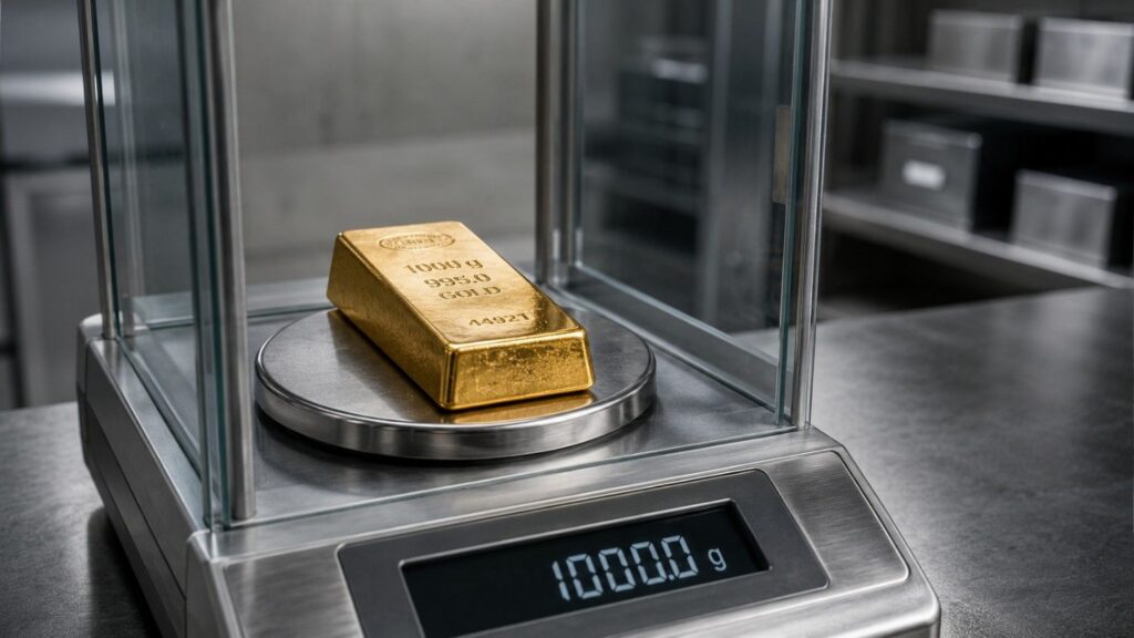 A 1,000g gold bar being weighed on a precision analytical scale, representing central bank gold allocation and reserve management processes