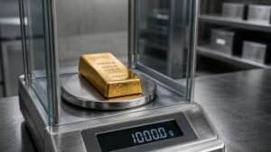 A 1,000g gold bar being weighed on a precision analytical scale, representing central bank gold allocation and reserve management processes
