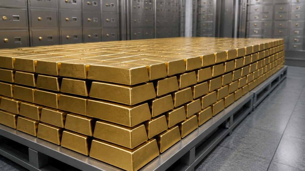 Rows of gold bars stacked on a vault pallet in an institutional storage facility, representing the scale of central bank gold buying over sixteen consecutive years.