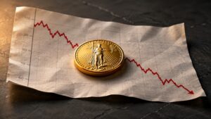 A gold American Eagle coin resting on a printed financial chart showing a declining red line, illustrating the contrast between physical gold and falling paper market prices — central bank gold buying in 2026 continues even as spot prices correct.