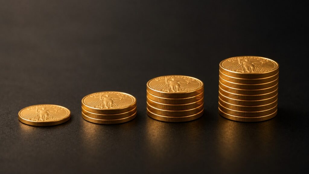 Four ascending stacks of American Gold Eagle coins on a dark surface — one coin, three, six, and ten — illustrating how dollar-cost averaging gold builds a position systematically over time