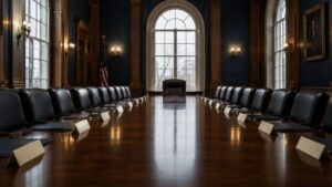Federal Reserve boardroom table with empty chair at the head — dot plot gold price decision June 2026