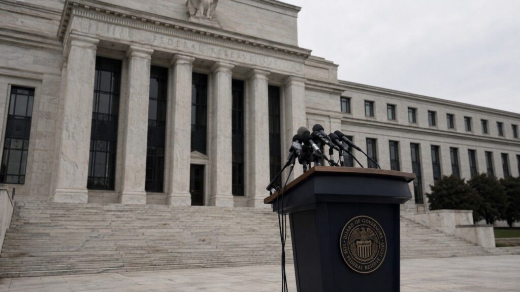 Empty Federal Reserve press conference lectern with clustered microphones outside the Eccles Building in Washington D.C., illustrating the Fed's decision to drop forward guidance — and what fed forward guidance gold holders need to understand