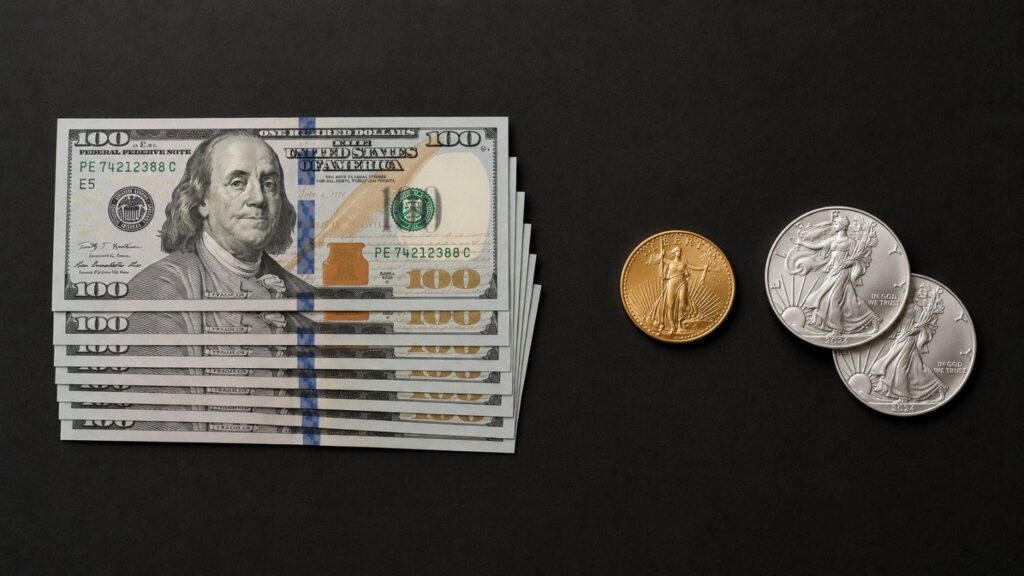 A stack of ten US $100 bills beside a gold American Eagle coin and two 2024 American Silver Eagles on a dark surface — illustrating what first-time buying gold looks like when $1,000 converts from paper to physical metal.