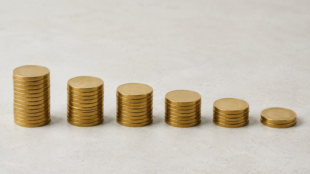 Six stacks of gold coins descending in height left to right, illustrating how fractional reserve banking gradually erodes the purchasing power of savings.