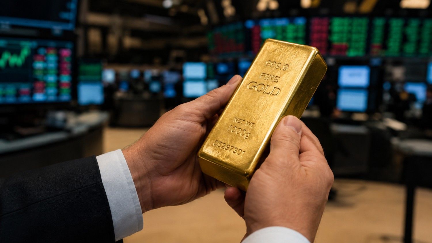 Hands in business attire holding a 999.9 fine gold bar on a trading floor, illustrating the divergence between gold ETF outflows and central bank gold buying in 2026