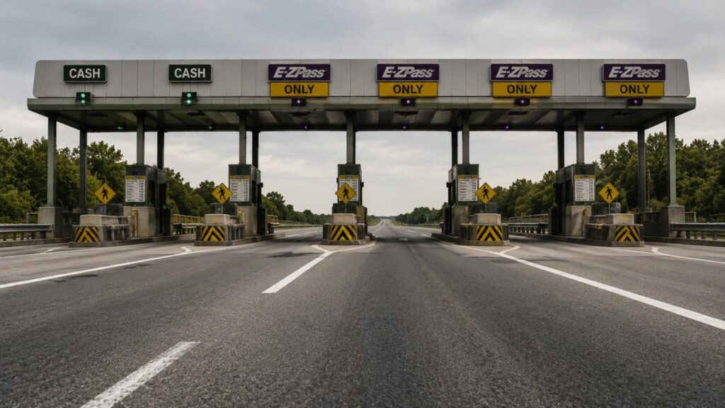 An empty six-lane highway toll plaza with cash and E-ZPass lanes — a visual metaphor for the gold buyback price spread, the unavoidable friction cost every investor pays when converting physical metal back to cash.