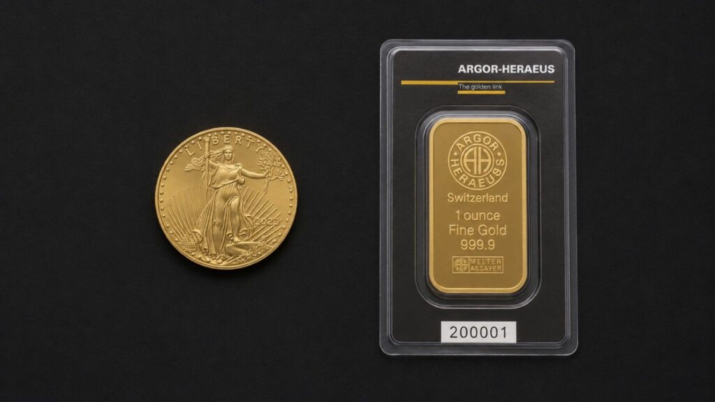 Gold coins vs gold bars: a 2023 American Gold Eagle coin beside a sealed 1-ounce Argor-Heraeus fine gold bar in assay card packaging, on a matte black surface.