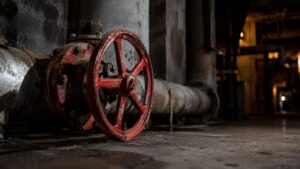 Red industrial valve on corroded pipeline — gold falling as Iran war closes the Strait of Hormuz