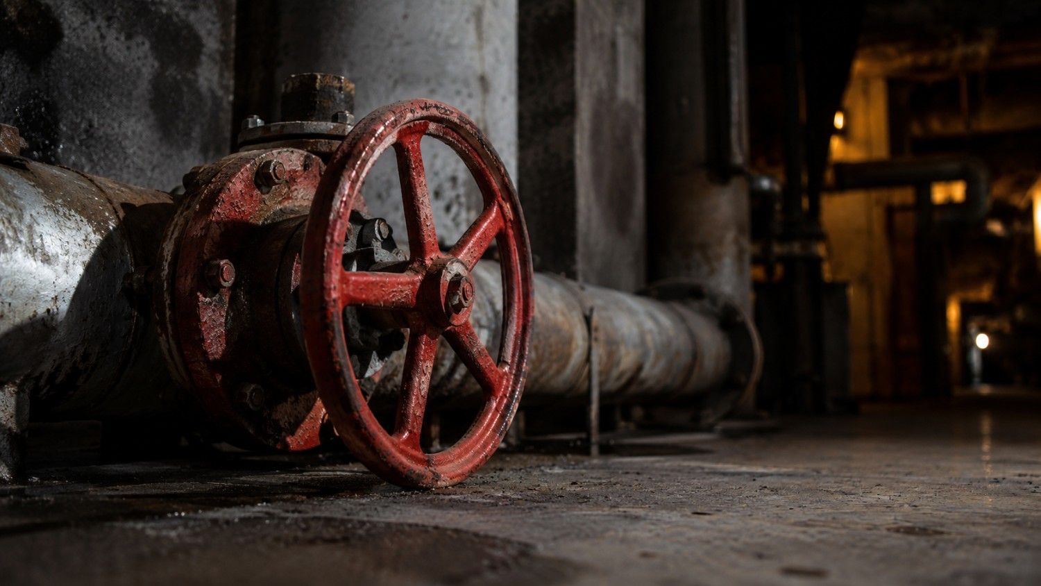 Red industrial valve on corroded pipeline — gold falling as Iran war closes the Strait of Hormuz
