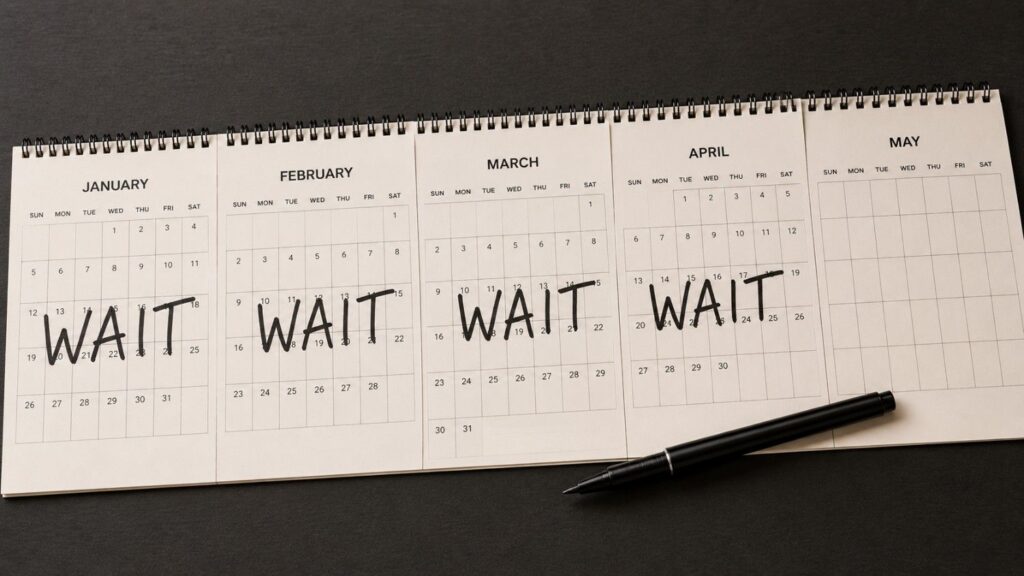 Four monthly calendars from January through April each marked "WAIT" in large handwritten letters, with May left blank — illustrating one of the most common gold investing mistakes: waiting for the perfect entry that never comes.