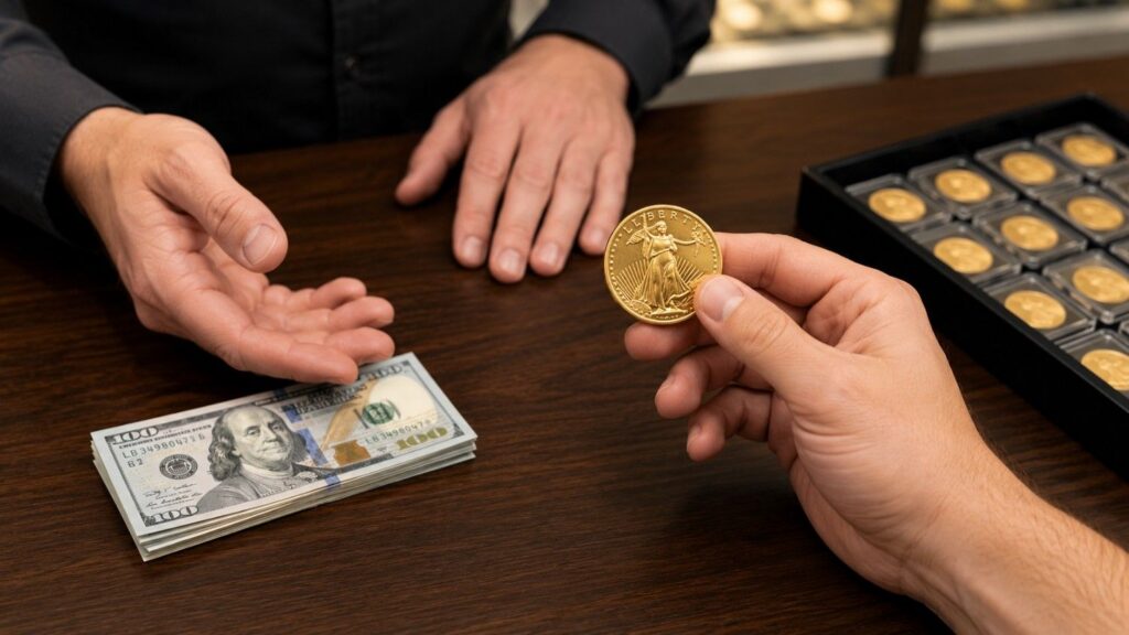 Gold liquidity in action: a customer holds an American Gold Eagle coin across a dealer counter beside a stack of $100 bills, with a tray of sovereign gold coins visible in the background.