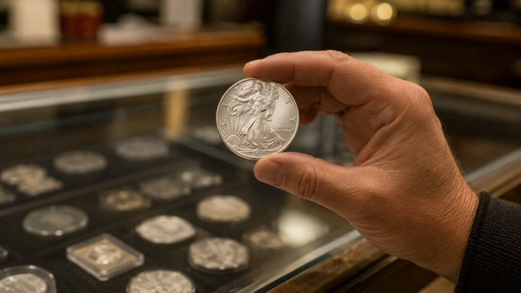 A dealer holds a 2021 American Silver Eagle up for inspection inside a coin shop, with a glass display case of silver coins visible below — illustrating gold liquidity through the point-of-sale moment when recognition determines price.