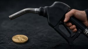 gold price drop after May CPI report — fuel pump nozzle held over a gold coin on dark slate surface