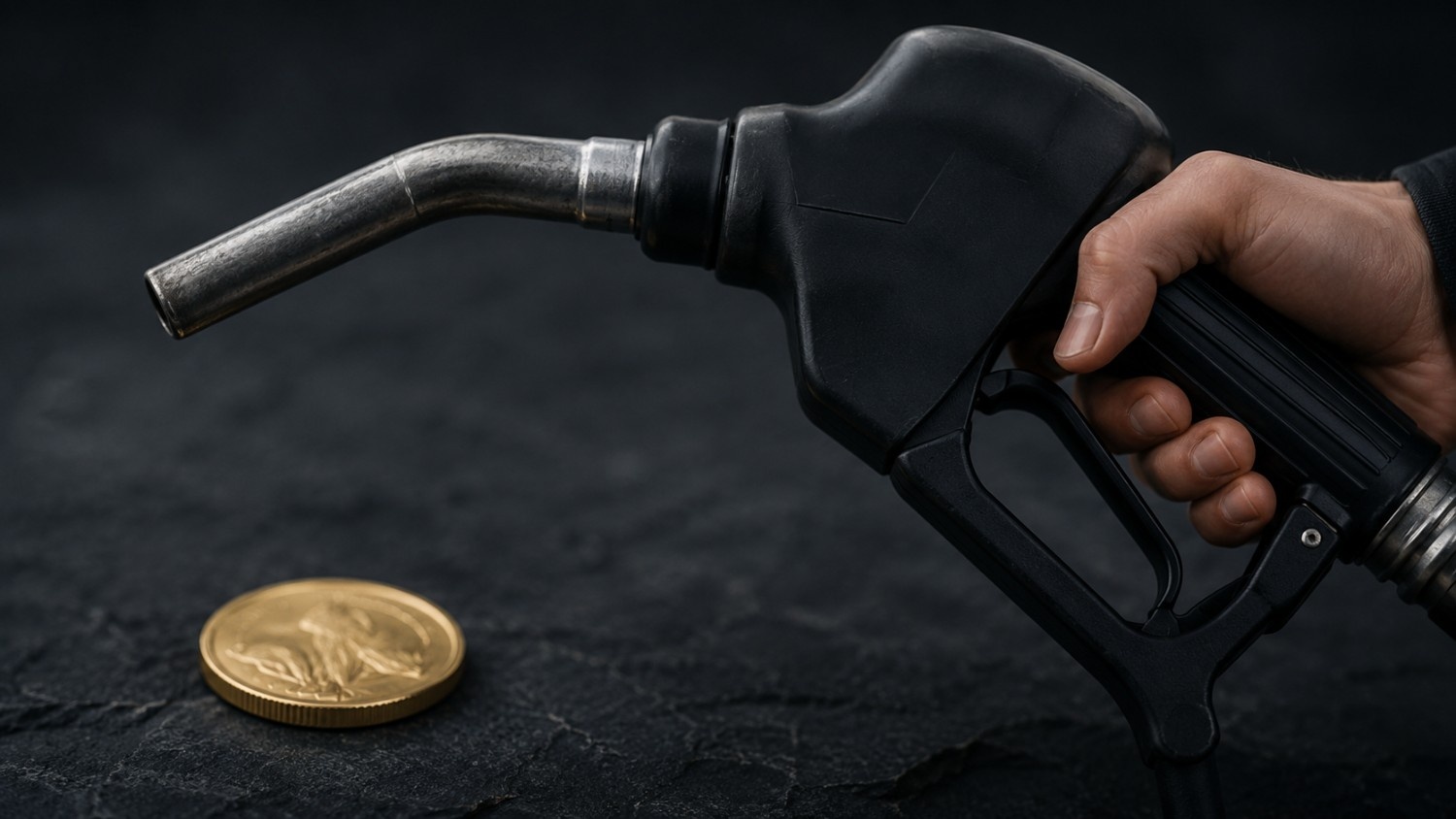 gold price drop after May CPI report — fuel pump nozzle held over a gold coin on dark slate surface