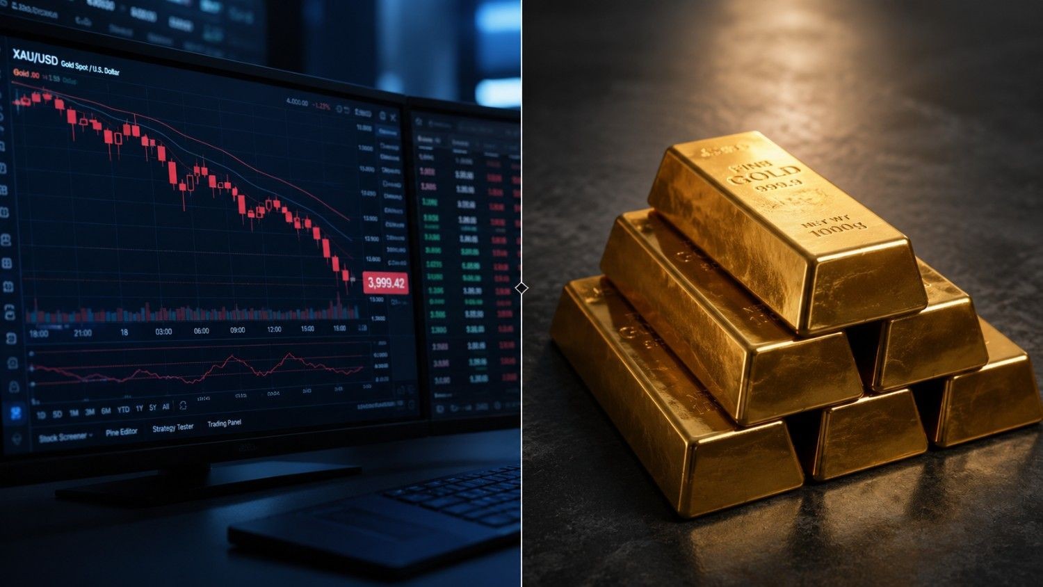 Gold price below $4,000 shown on XAU/USD trading chart alongside a stack of physical gold bars
