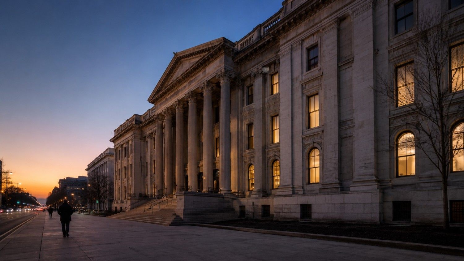 Neoclassical government building at dusk with warm interior lights glowing through arched windows, representing gold price floor 2026 and central bank demand supporting gold markets