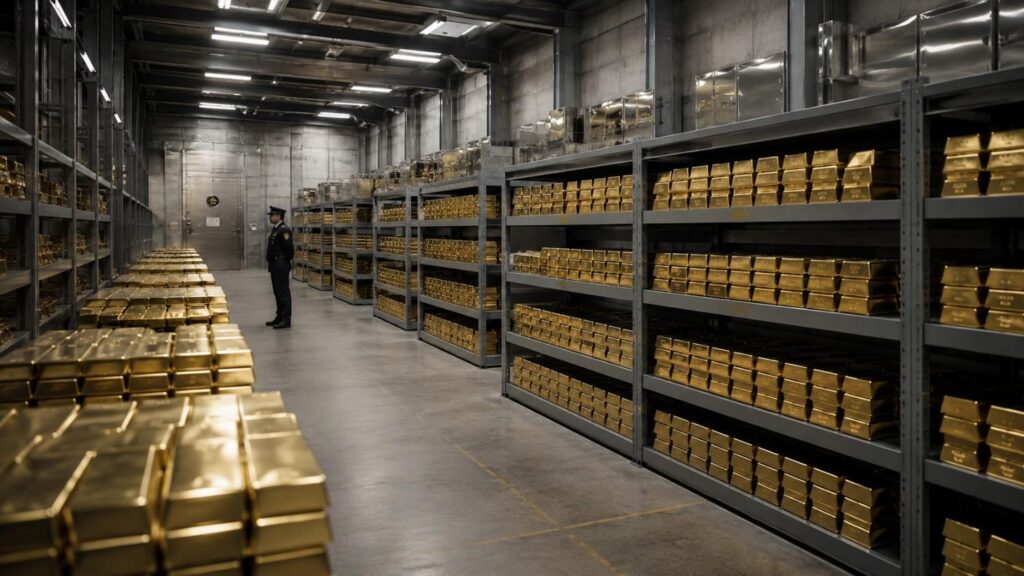 Rows of gold bars stacked on steel shelving inside a central bank bullion vault — gold price news today as institutional reserve managers signal continued gold accumulation in 2026.