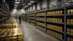 Rows of gold bars stacked on steel shelving inside a central bank bullion vault — gold price news today as institutional reserve managers signal continued gold accumulation in 2026.