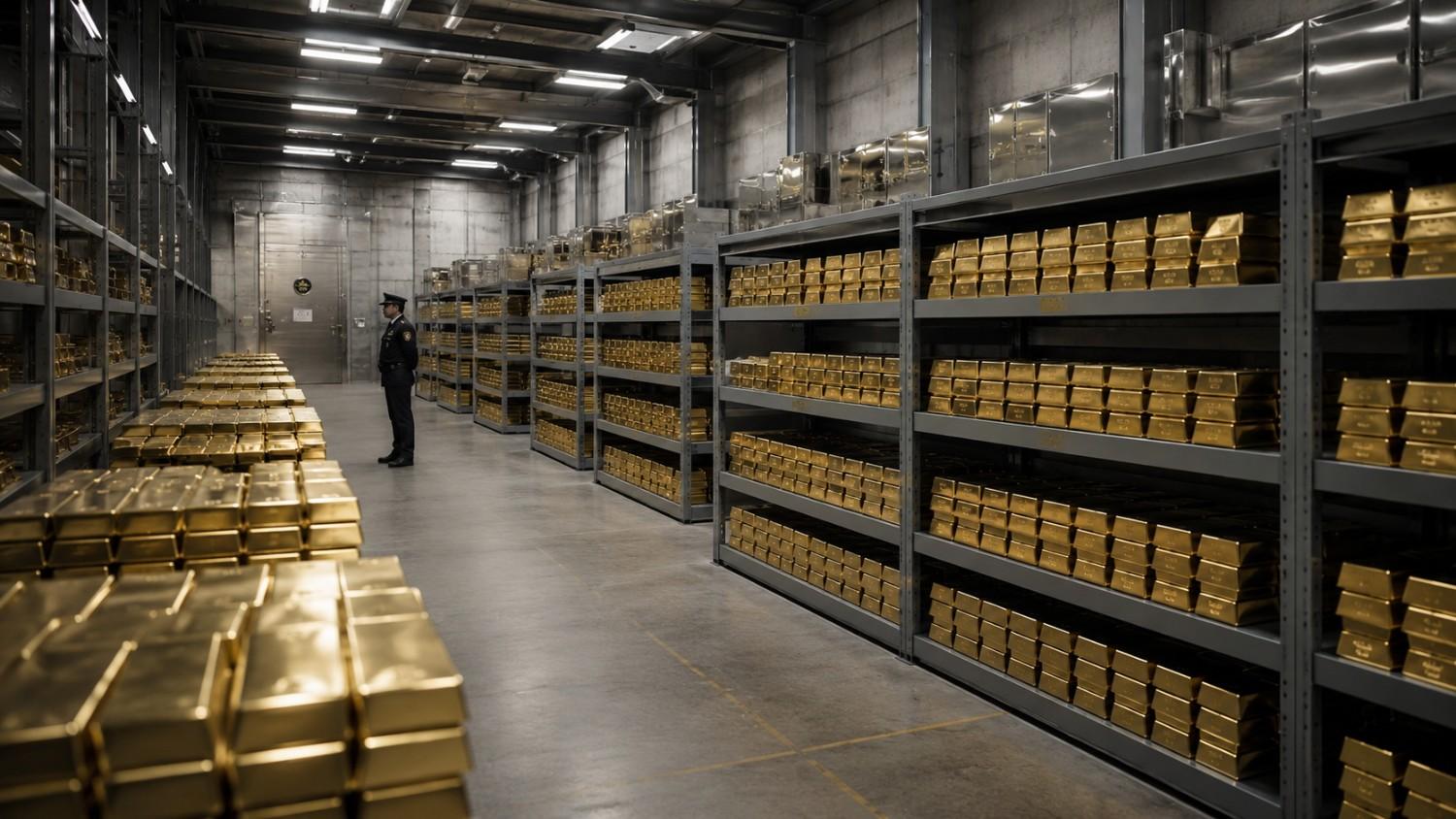 Rows of gold bars stacked on steel shelving inside a central bank bullion vault — gold price news today as institutional reserve managers signal continued gold accumulation in 2026.