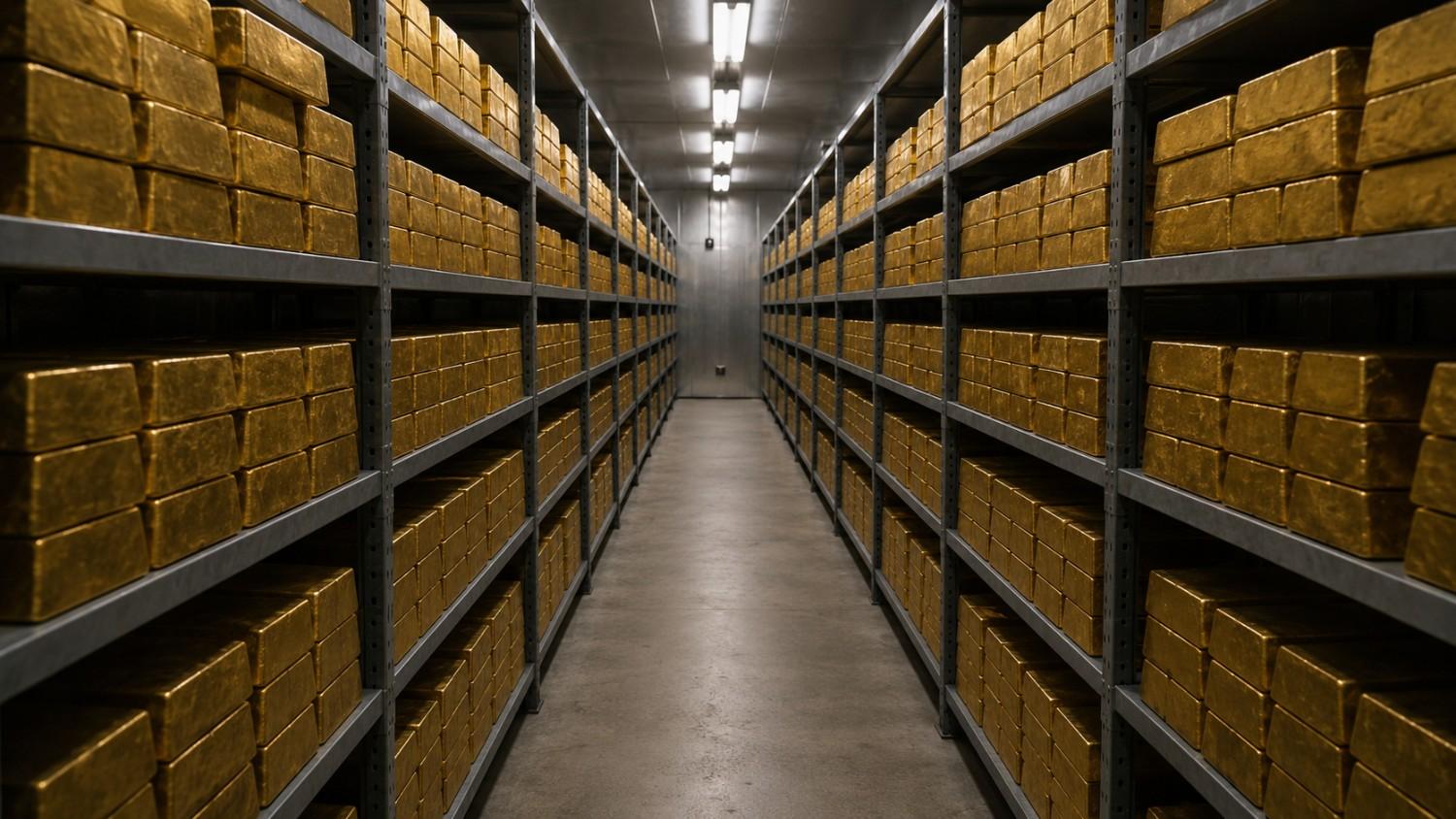 Rows of gold bars stacked on institutional vault shelving receding into the distance — gold price outlook 2026
