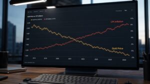 Gold price outlook June 2026: desktop monitor displaying a diverging chart of gold price declining versus CPI inflation rising from 2018 to 2025