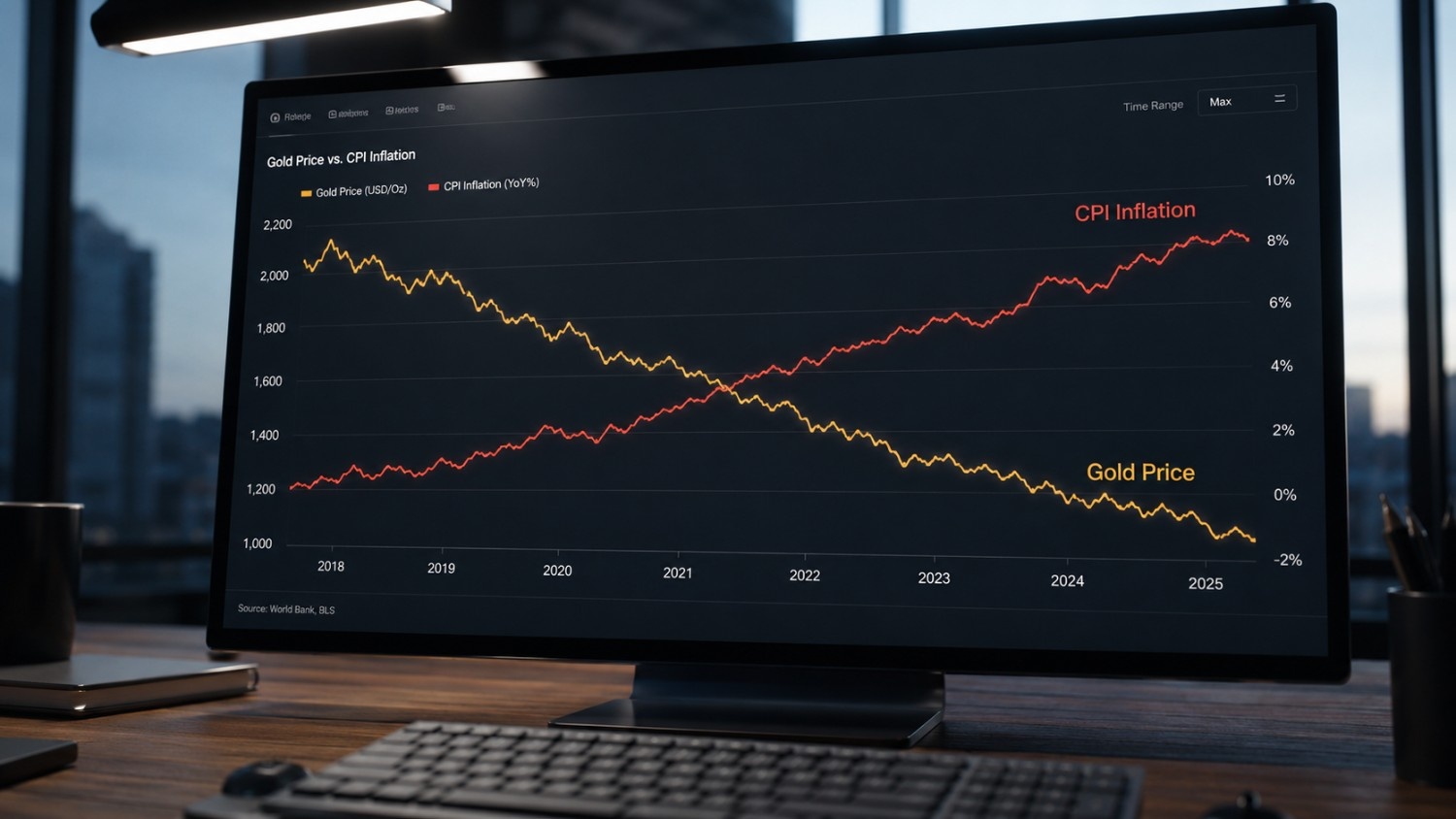 Gold price outlook June 2026: desktop monitor displaying a diverging chart of gold price declining versus CPI inflation rising from 2018 to 2025