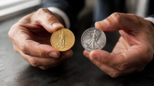 Gold and silver coins held in hands — gold American Eagle and silver Walking Liberty — illustrating gold and silver price performance on June 11, 2026.