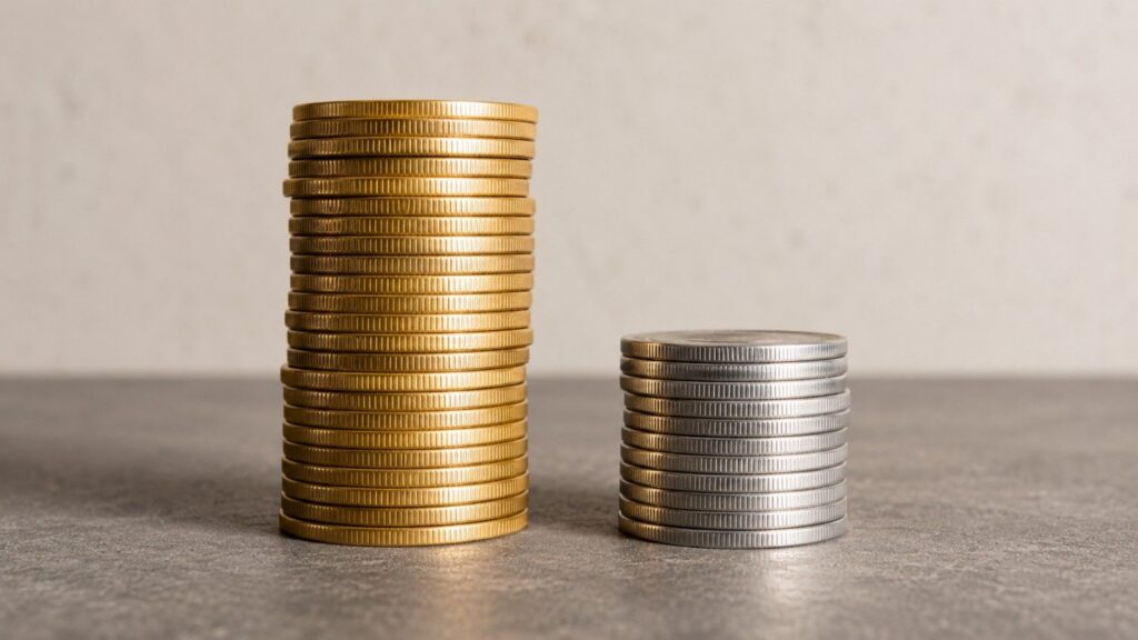 A tall stack of gold coins next to a shorter stack of silver coins, visually representing the gold-silver ratio — the price relationship between the two precious metals.