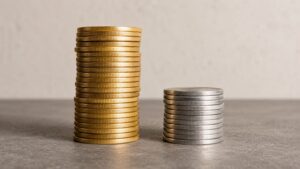 A tall stack of gold coins next to a shorter stack of silver coins, visually representing the gold-silver ratio — the price relationship between the two precious metals.