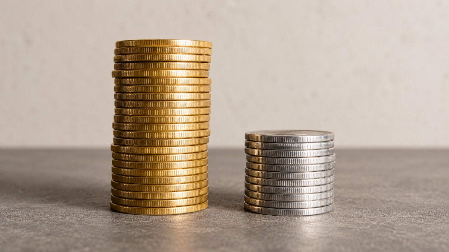 A tall stack of gold coins next to a shorter stack of silver coins, visually representing the gold-silver ratio — the price relationship between the two precious metals.