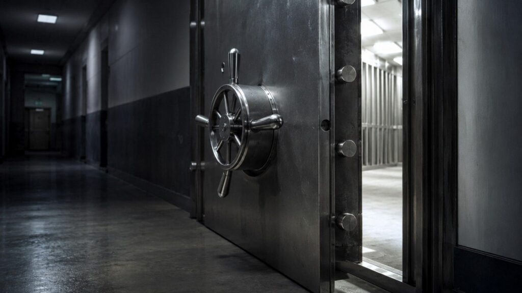 Heavy steel vault door with circular locking mechanism open in an institutional corridor — professional gold storage facility
