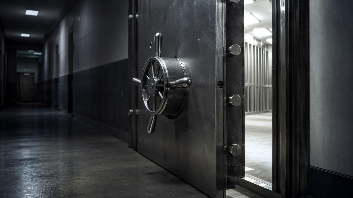 Heavy steel vault door with circular locking mechanism open in an institutional corridor — professional gold storage facility