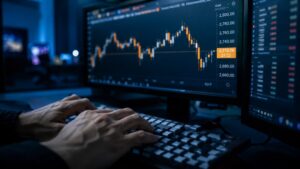 Hands on a keyboard in front of a gold price candlestick chart displaying XAU/USD — illustrating gold as a store of value and the dollar's declining purchasing power