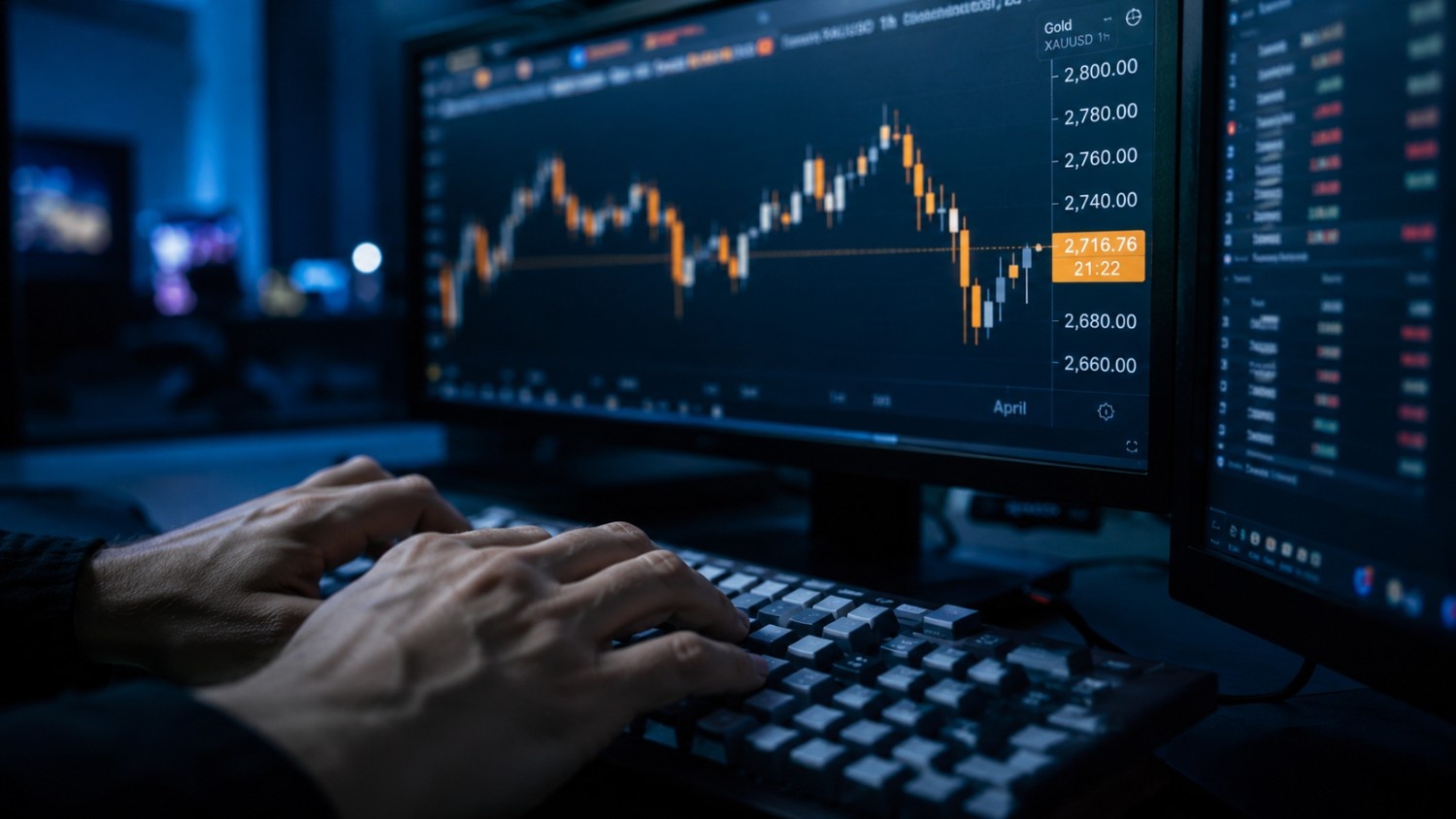 Hands on a keyboard in front of a gold price candlestick chart displaying XAU/USD — illustrating gold as a store of value and the dollar's declining purchasing power