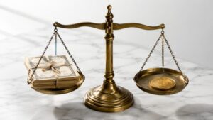 A brass balance scale on a white marble surface weighing a stack of government bond notes against a single gold coin, illustrating the gold vs TIPS inflation hedge comparison.